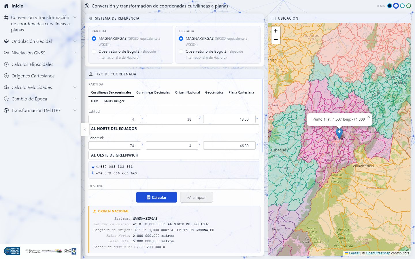 Módulo de conversión con un punto en Bogotá ubicado en el mapa y su resultado en Origen Nacional